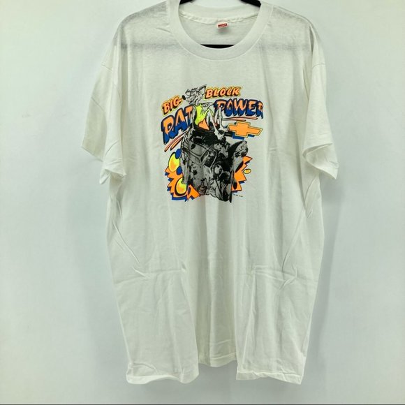 VINTAGE NWOT 1989 Single Stitch White Graphic BIG BLOCK RAT POWER T-shirt - Picture 2 of 7